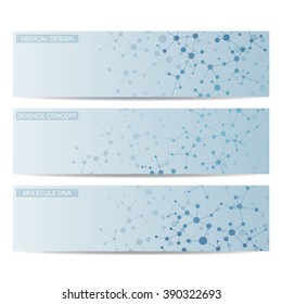Set of modern science banners. Molecule structure of DNA and neurons. Vector illustration