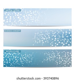 Set of modern science banners. Molecule structure of DNA and neurons. Medicine, science and technology. Vector illustration for your design.