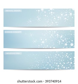 Set of modern science banners. Molecule structure of DNA and neurons