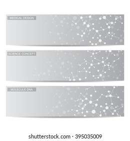 Set of modern science banners. Molecule structure of DNA and neurons