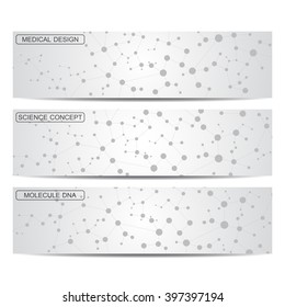 Set of modern science banners. Molecule structure of DNA and neurons. Medicine, science and technology. Vector illustration for your design.