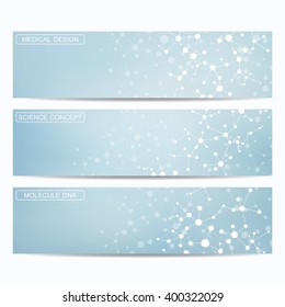 Set of modern science banners. Molecule structure of DNA and neurons. Medicine, science and technolog, business and website templates. Vector illustration for your design.