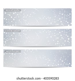 Set of modern science banners. Molecule structure of DNA and neurons.