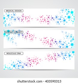 Set of modern science banners. Molecule structure of DNA and neurons.