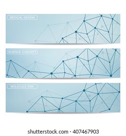 Set of modern science banners. Molecule structure of DNA and neurons. Medicine, science and technolog, business and website templates. Vector illustration for your design.