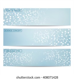 Set of modern science banners. Molecule structure of DNA and neurons. Medicine, science and technolog, business and website templates. Vector illustration for your design.