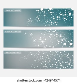 Set of modern science banners. Molecule structure of DNA and neurons. Medicine, science and technolog, business and website templates. Vector illustration for your design.
