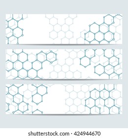 Set of modern science banners. Molecule structure of DNA and neurons