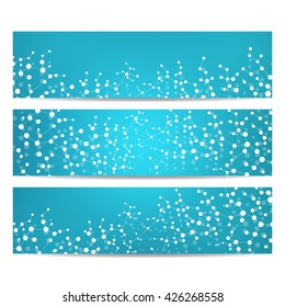 Set of modern science banners. Molecule structure of DNA and neurons. Medicine, science and technolog, business and website templates. Vector illustration for your design.