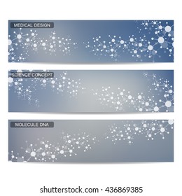 Set of modern science banners. Molecule structure of DNA and neurons. Medicine, science and technology, business and website templates. Abstract background. Vector illustration for your design.