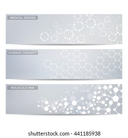 Set of modern science banners. Molecule structure of DNA and neurons