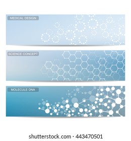 Set of modern science banners. Molecule structure of DNA and neurons