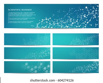 Set of modern scientific banners. Molecular structure of DNA and neurons. Geometric abstract background. Medicine, science, technology, business and website templates. Vector illustration