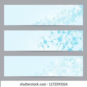 Set of modern scientific banners. Molecule structure of DNA and neurons. Abstract background. 