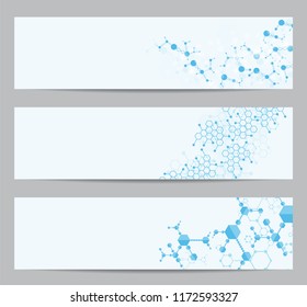 Set of modern scientific banners. Molecule structure of DNA and neurons. Abstract background. 