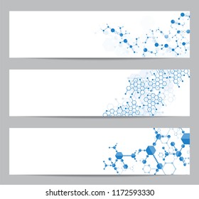 Set of modern scientific banners. Molecule structure of DNA and neurons. Abstract background. 