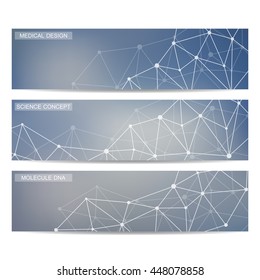 Set of modern scientific banners. Molecule structure of DNA and neurons. Abstract background. Medicine, science, technology, business and website templates. Vector illustration for your design.
