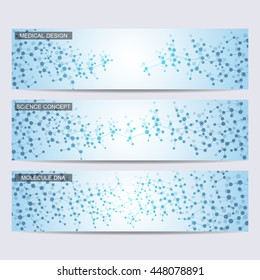 Set of modern scientific banners. Molecule structure of DNA and neurons. Abstract background. Medicine, science, technology, business and website templates. Vector illustration for your design.

