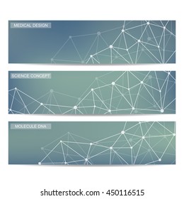 Set of modern scientific banners. Molecule structure of DNA and neurons. Abstract background. Medicine, science, technology, business and website templates. Vector illustration for your design.
