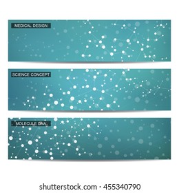 Set of modern scientific banners. Molecule structure of DNA and neurons. Abstract background. Medicine, science, technology, business and website templates. Vector illustration for your design.