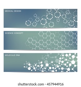 Set of modern scientific banners. Molecule structure of DNA and neurons. Abstract background. Medicine, science, technology, business and website templates. Vector illustration for your design.
