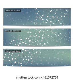 Set of modern scientific banners. Molecule structure of DNA and neurons. Abstract background. Medicine, science, technology, business and website templates. Vector illustration for your design.