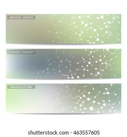 Set of modern scientific banners. Molecule structure of DNA and neurons. Abstract background. Medicine, science, technology, business and website templates. Vector illustration for your design.