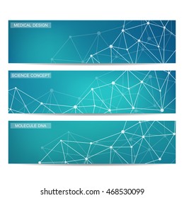 Set of modern scientific banners. Molecule structure of DNA and neurons. Abstract background. Medicine, science, technology, business and website templates. Vector illustration for your design.