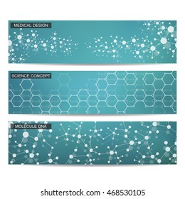 Set of modern scientific banners. Molecule structure of DNA and neurons. Abstract background. Medicine, science, technology, business and website templates. Vector illustration for your design.