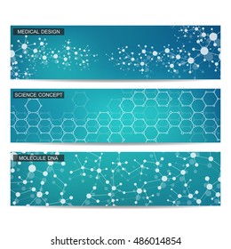 Set of modern scientific banners. Molecule structure of DNA and neurons. Abstract background. Medicine, science, technology, business and website templates. Vector illustration for your design.