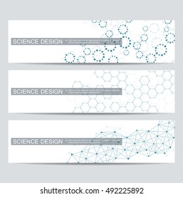 Set of modern scientific banners. Molecule structure of DNA and neurons. Abstract background. Medicine, science, technology, business and website templates. Vector illustration for your design.