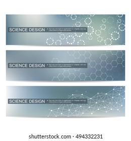 Set of modern scientific banners. Molecule structure of DNA and neurons. Abstract background. Medicine, science, technology, business and website templates. Vector illustration for your design.