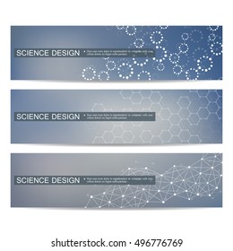 Set of modern scientific banners. Molecule structure of DNA and neurons. Abstract background. Medicine, science, technology, business and website templates. Vector illustration for your design.