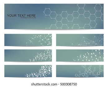 Set of modern scientific banners. Molecule structure of DNA and neurons. Abstract background. Medicine, science, technology, business and website templates. Vector illustration for your design.