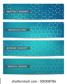 Set of modern scientific banners. Molecule structure of DNA and neurons. Abstract background. Medicine, science, technology, business and website templates. Vector illustration for your design.