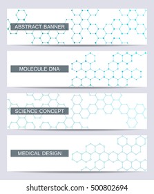 Set of modern scientific banners. Molecule structure of DNA and neurons. Abstract background. Medicine, science, technology, business and website templates. Vector illustration for your design.