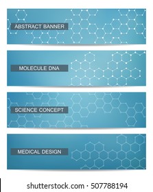 Set of modern scientific banners. Molecule structure of DNA and neurons. Abstract background. Medicine, science, technology, business and website templates. Vector illustration for your design.