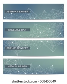 Set of modern scientific banners. Molecule structure of DNA and neurons. Abstract background. Medicine, science, technology, business and website templates. Scalable vector graphics.