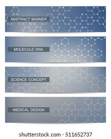 Set of modern scientific banners. Molecule structure of DNA and neurons. Abstract background. Medicine, science, technology, business and website templates. Vector illustration for your design.