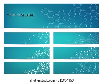 Set Of Modern Scientific Banners. Molecule Structure Of DNA And Neurons. Abstract Background. Medicine, Science, Technology, Business And Website Templates. Scalable Vector Graphics.