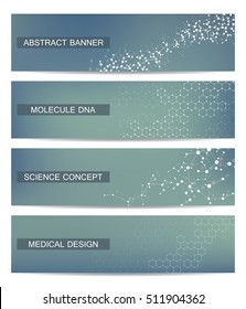Set of modern scientific banners. Molecule structure of DNA and neurons. Abstract background. Medicine, science, technology, business and website templates. Scalable vector graphics.