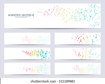 Set of modern scientific banners. Molecule structure of DNA and neurons. Abstract background. Medicine, science, technology, business and website templates. Scalable vector graphics.