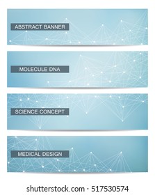 Set of modern scientific banners. Molecule structure of DNA and neurons. Abstract background. Medicine, science, technology, business and website templates. Vector illustration for your design.