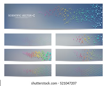 Set of modern scientific banners. Molecule structure of DNA and neurons. Abstract background. Medicine, science, technology, business and website templates. Scalable vector graphics.