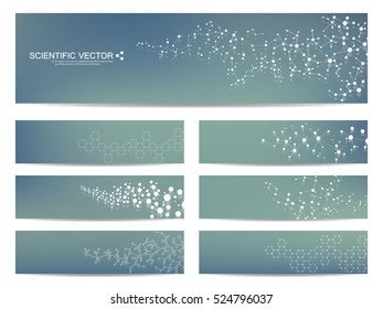 Set of modern scientific banners. Molecule structure of DNA and neurons. Abstract background. Medicine, science, technology, business and website templates. Scalable vector graphics.