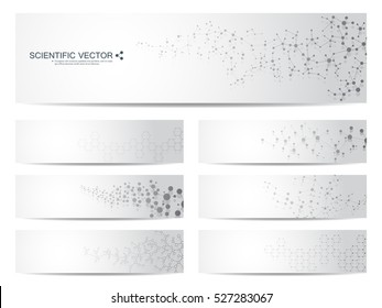 Set of modern scientific banners. Molecule structure of DNA and neurons. Abstract background. Medicine, science, technology, business and website templates. Scalable vector graphics