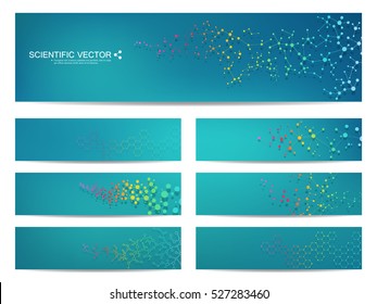Set of modern scientific banners. Molecule structure of DNA and neurons. Abstract background. Medicine, science, technology, business and website templates. Scalable vector graphics