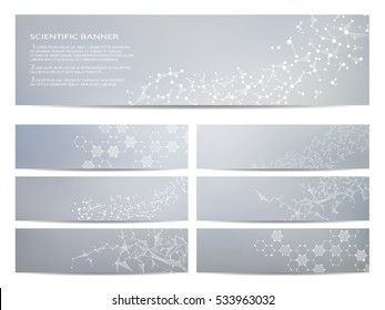 Set of modern scientific banners. Molecule structure of DNA and neurons. Abstract background. Medicine, science, technology, business and website templates. Scalable vector graphics.