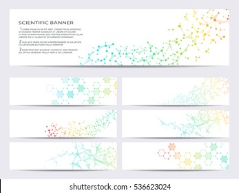 Set of modern scientific banners. Molecule structure of DNA and neurons. Abstract background. Medicine, science, technology, business and website templates. Scalable vector graphics.