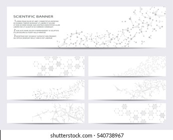 Set of modern scientific banners. Molecule structure of DNA and neurons. Abstract background. Medicine, science, technology, business and website templates. Scalable vector graphics.